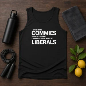 Top I Still Hate Commies Even After They Changed Their Name To Liberals Tank Top in black, sleeveless casual wear