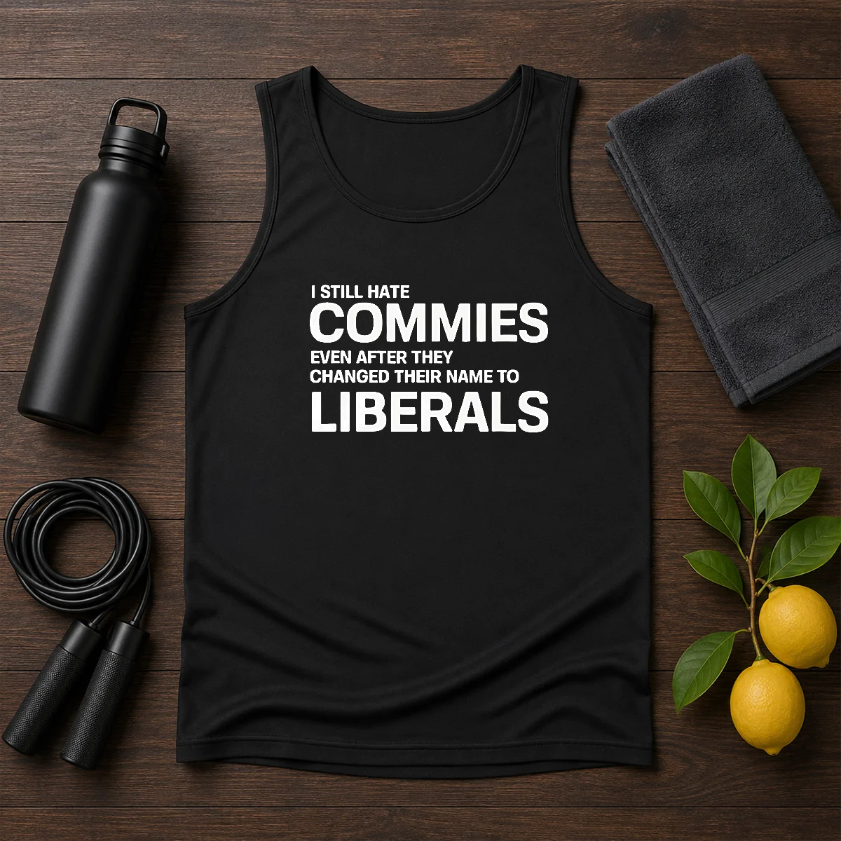 Top I Still Hate Commies Even After They Changed Their Name To Liberals Tank Top in black, sleeveless casual wear
