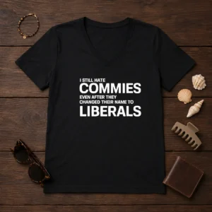 Top I Still Hate Commies Even After They Changed Their Name To Liberals V Neck Shirt in black with bold white text on front