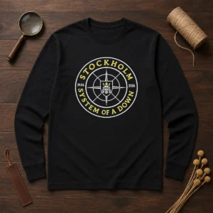 Top System Of A Down Stockholm 2026 Tour Badge long sleeve shirt with bold tour badge design, ideal for concert fans