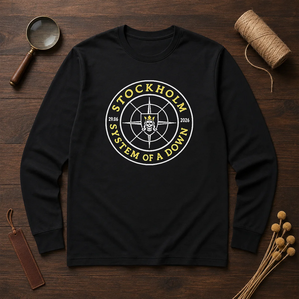 Top System Of A Down Stockholm 2026 Tour Badge long sleeve shirt with bold tour badge design, ideal for concert fans
