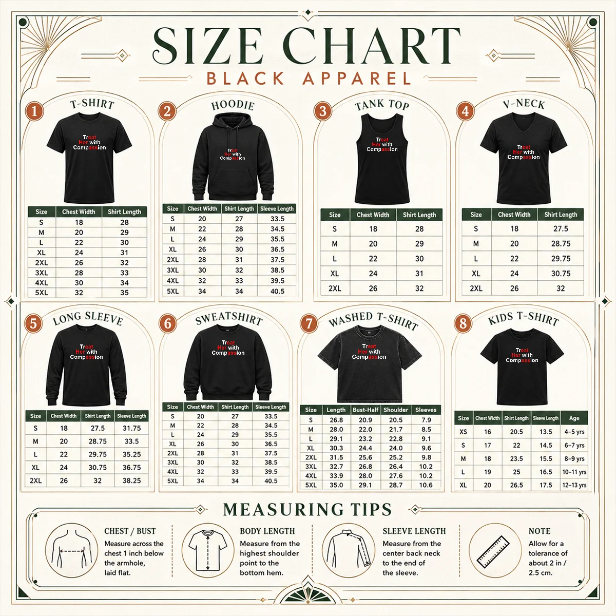 Top Treat Her With Compassion Size Chart Size chart for Top Treat Her With Compassion showing measurements in inches and cm