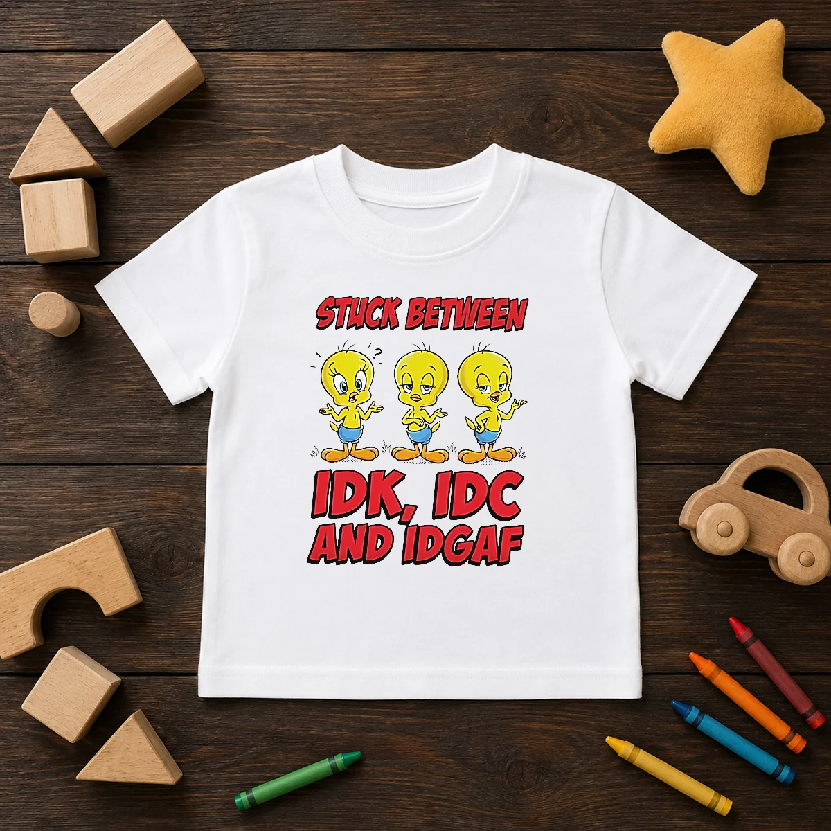Top Tweety Stuck Between IDK IDC And IDGAF Kids T-Shirt