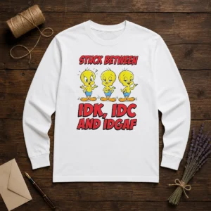 Top Tweety Stuck Between IDK IDC And IDGAF Long Sleeve Shirt