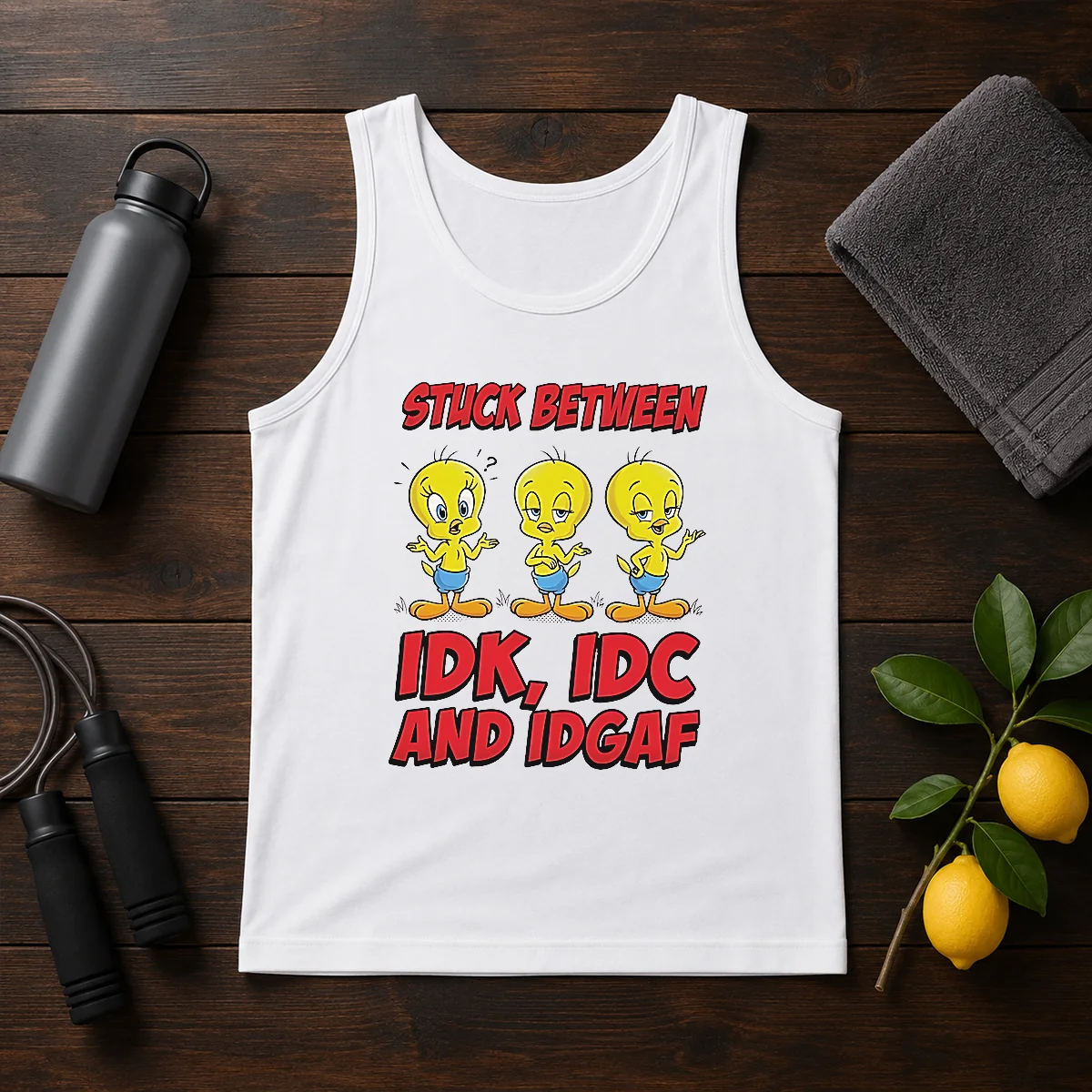 Top Tweety Stuck Between IDK IDC And IDGAF Tank Top