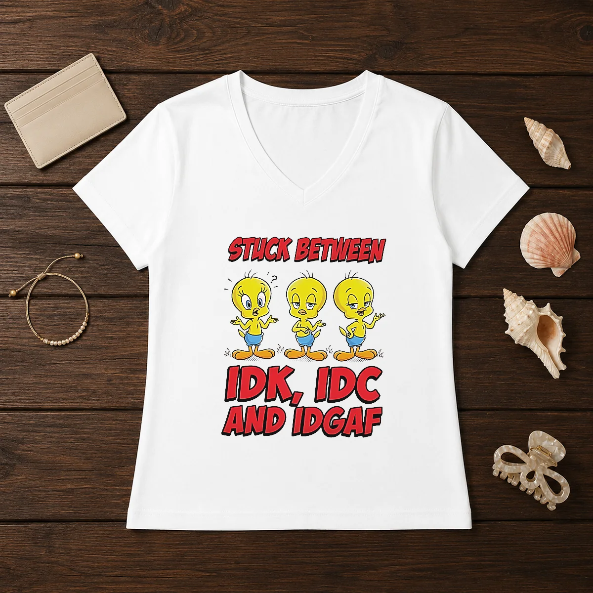Top Tweety Stuck Between IDK IDC V-Neck Shirt Top Tweety Stuck Between IDK IDC V-Neck Shirt