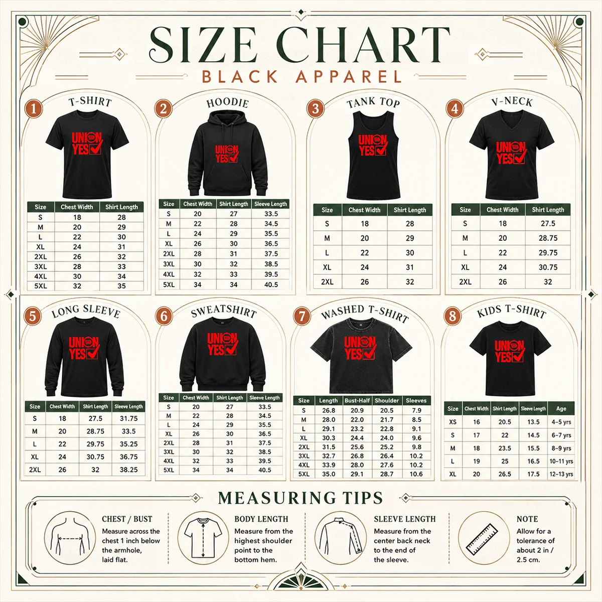 Top Union Yes AFL Clo Size Chart Top Union Yes AFL Clo size chart showing measurements in inches and centimeters for accurate sizing