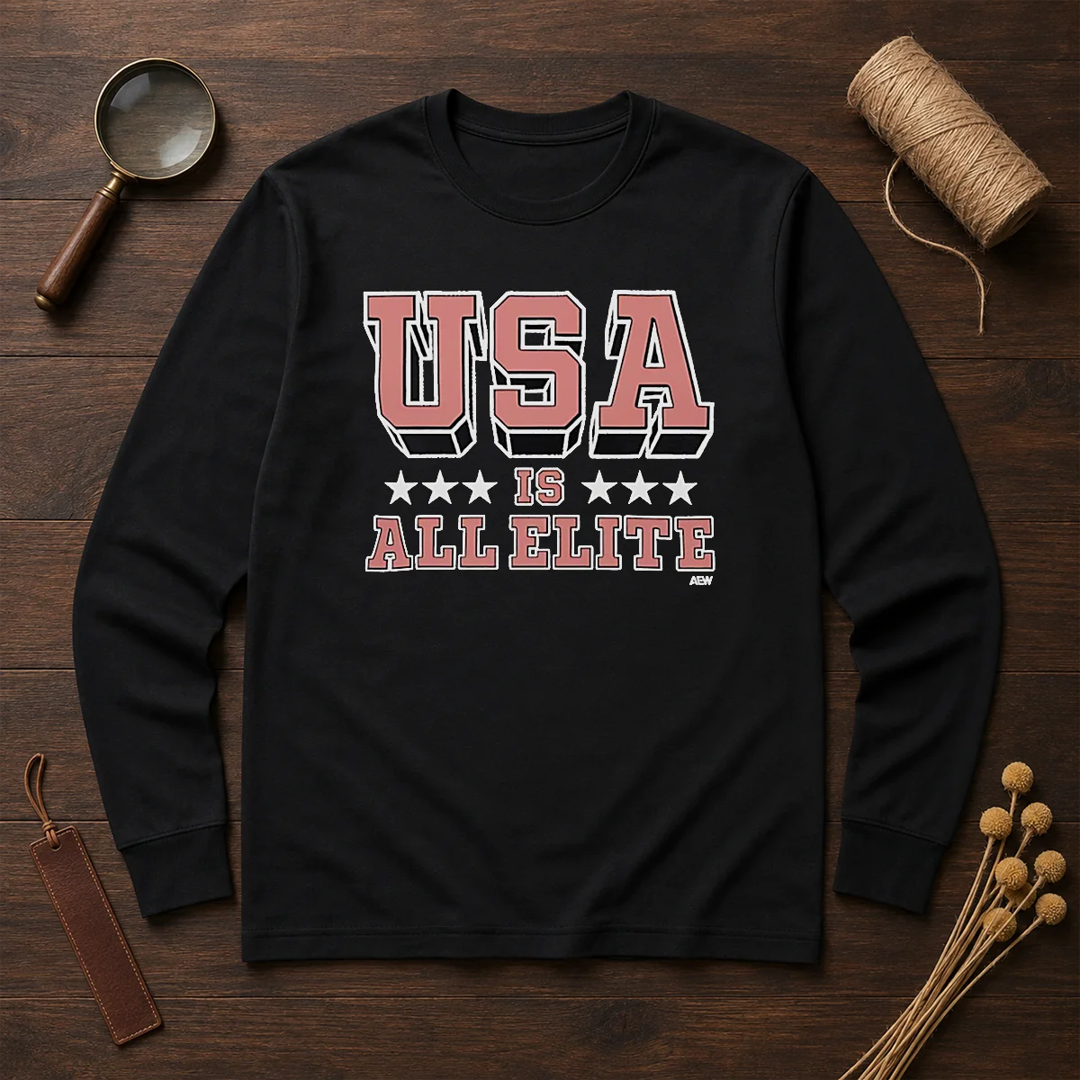 Top USA Is All Elite AEW Wrestling Promotional Logo long sleeve shirt in black with bold AEW branding