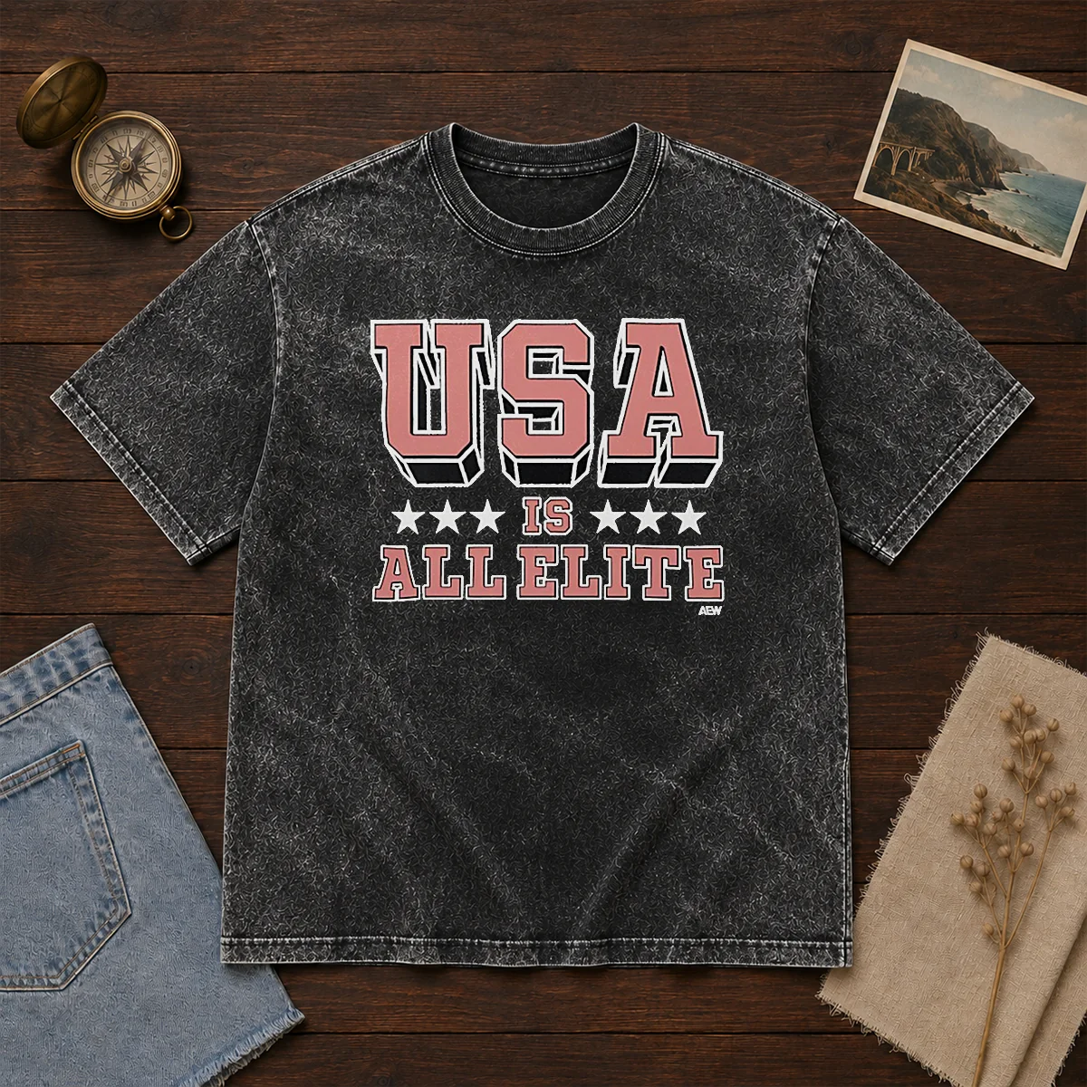 Top USA Is All Elite AEW Wrestling Promotional Logo Washed T-Shirt