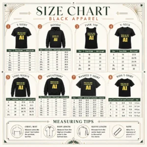 Size chart for Top Written And Directed By AI Bold Text showing measurements in inches and centimeters