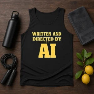 Top Written And Directed By AI Bold Text tank top in black with bold white lettering on front