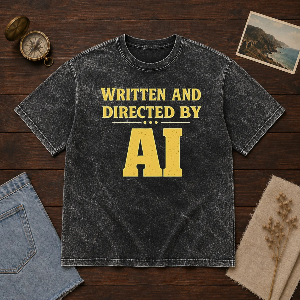 Top Written And Directed By AI Bold Text design on a soft washed t shirt in light gray
