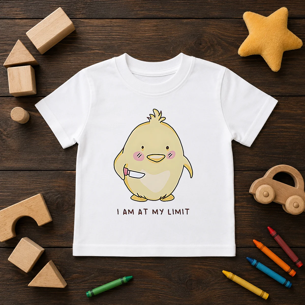 Top Yellow Chick Holding Knife I Am At My Limit Kids T-Shirt