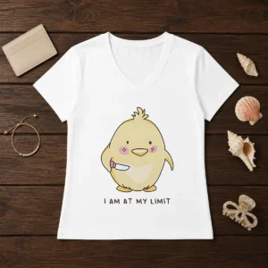 Top Yellow Chick Holding Knife I Am At My Limit V Neck Shirt in bright yellow on a women's fitted V neck tee