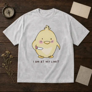 Top Yellow Chick Holding Knife I Am At My Limit washed t shirt featuring a distressed vintage look on soft cotton fabric
