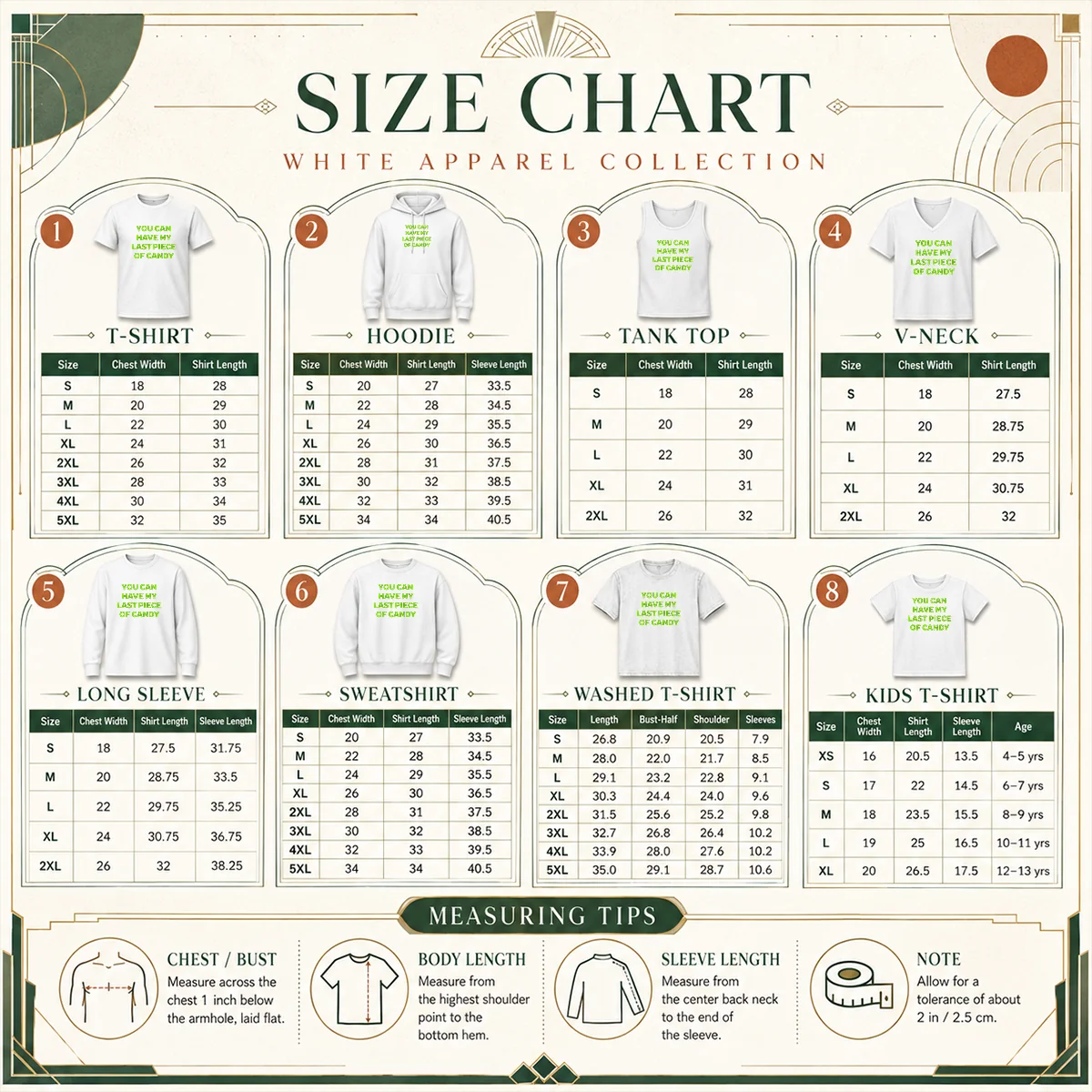 Top You Can Have My Last Piece Of Candy Sweet Size Chart Size chart for Top You Can Have My Last Piece Of Candy Sweet showing measurements in inches and cm