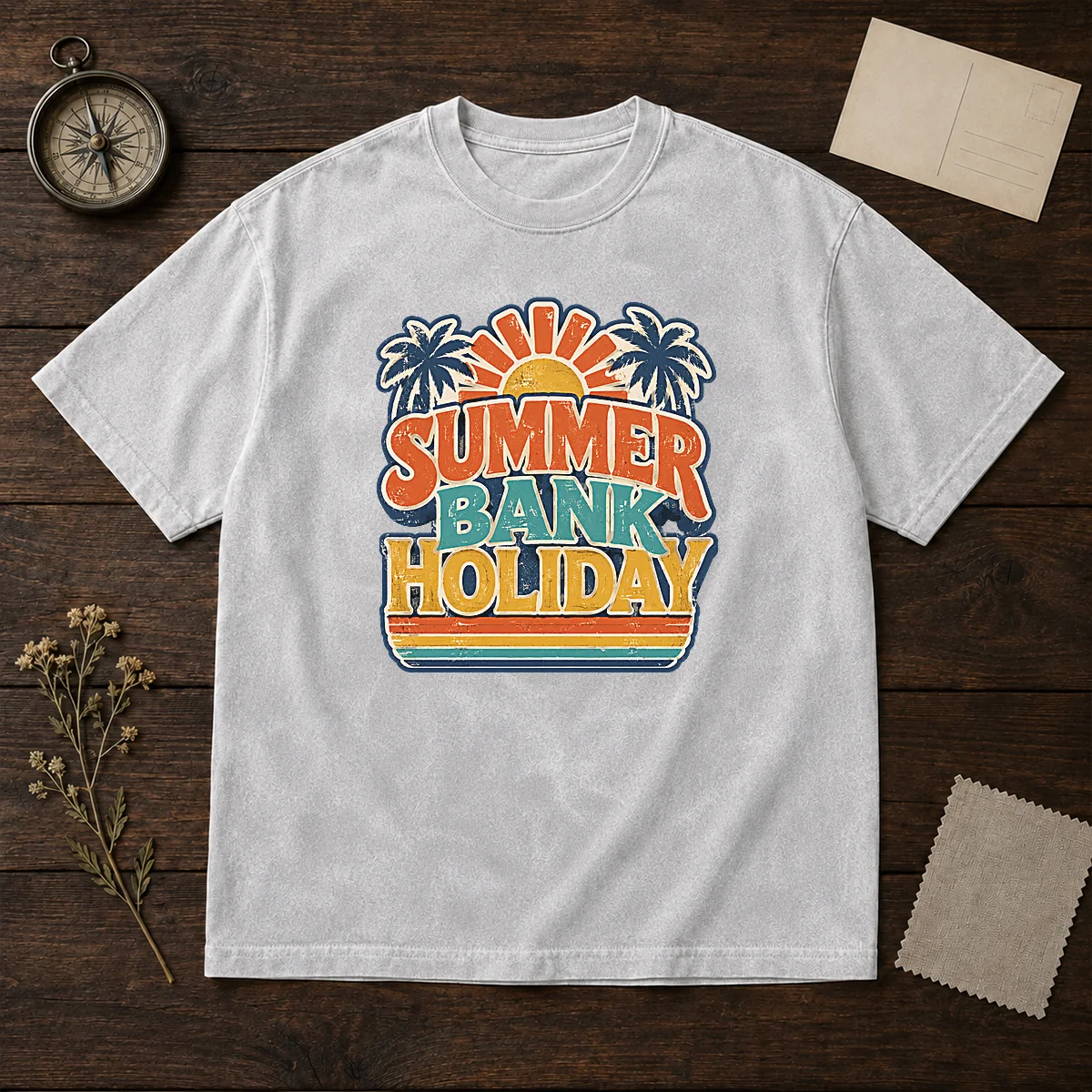 Awesome Vintage Retro Summer Bank Holiday Palm Sunburst Washed T-Shirt