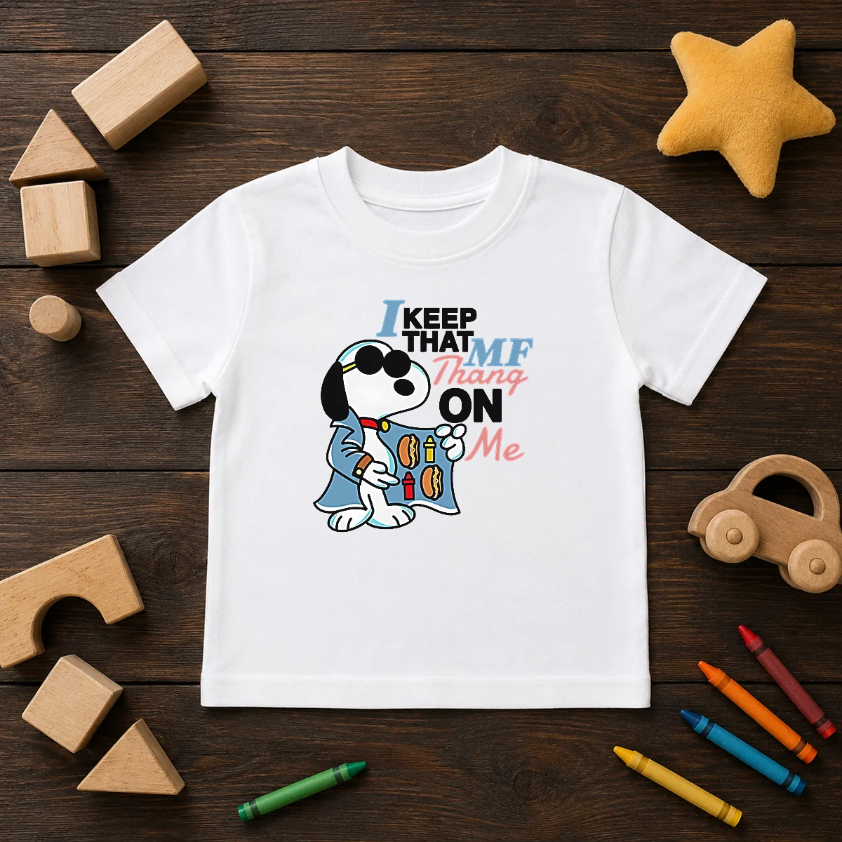 Funny Snoopy Peanuts I Keep That MF Thang On Me Hot Dog Mustard Ketchup Kids T-Shirt