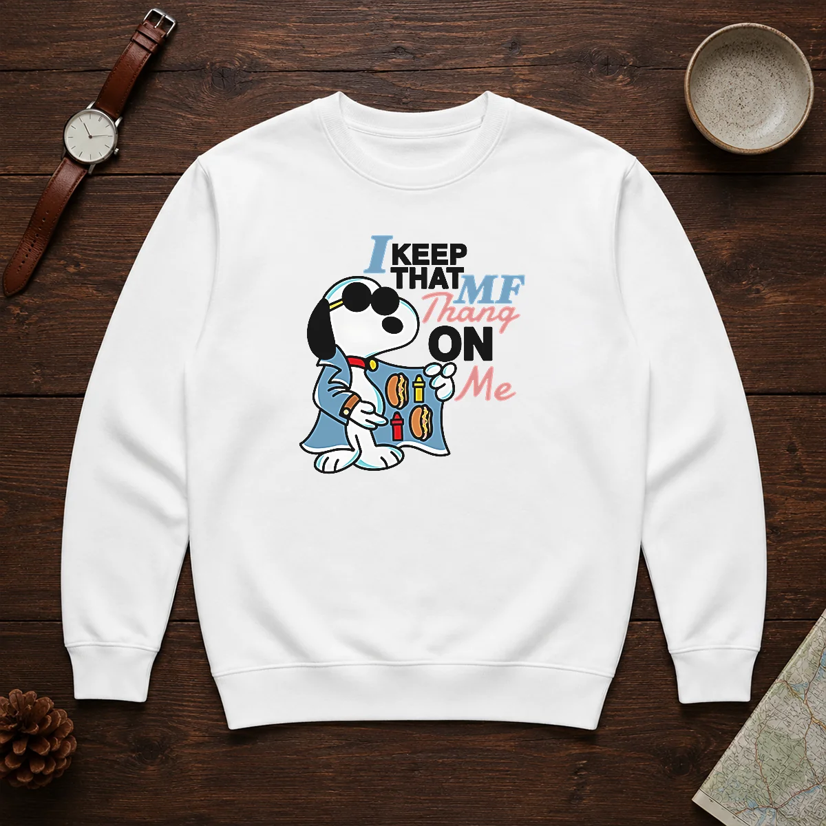 Funny Snoopy Peanuts I Keep That MF Thang On Me Hot Dog Mustard Ketchup Sweater