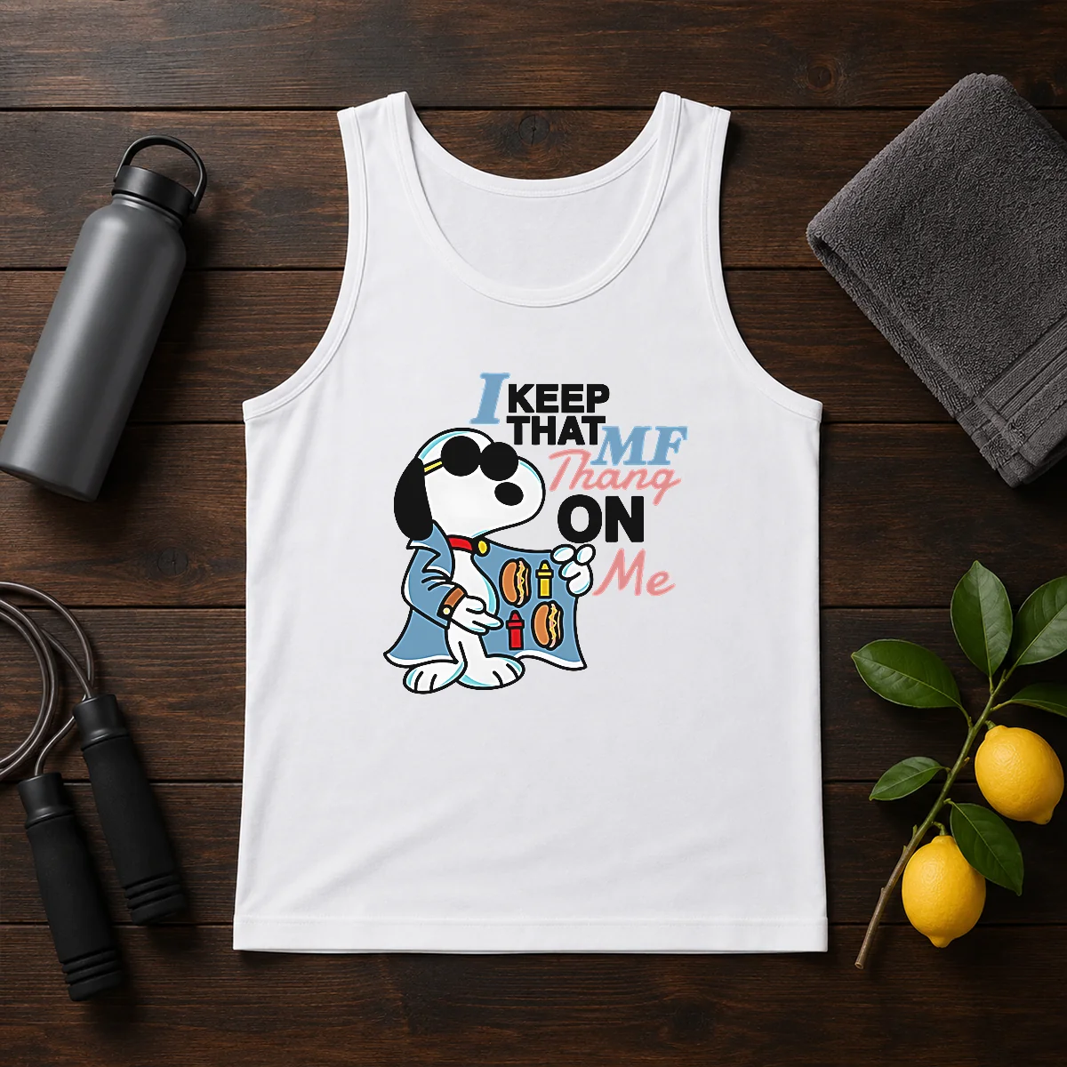 Funny Snoopy Peanuts I Keep That MF Thang On Me Hot Dog Mustard Ketchup Tank Top