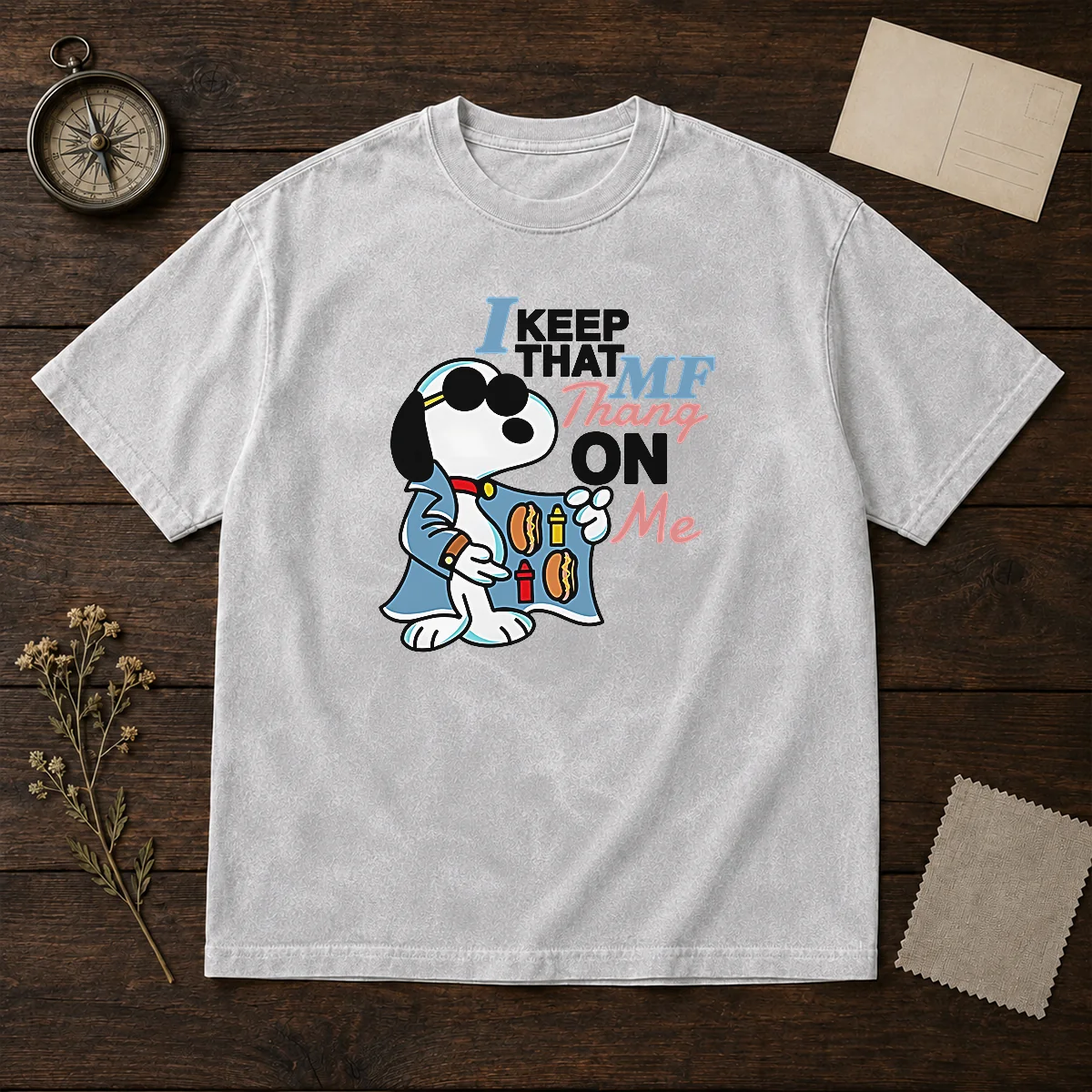 Funny Snoopy Peanuts I Keep That MF Thang On Me Hot Dog Mustard Ketchup Washed T-Shirt