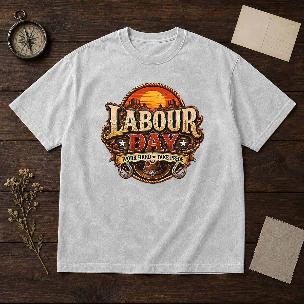 Funny Western Labour Day Work Hard Take Pride Cowboy Washed T-Shirt