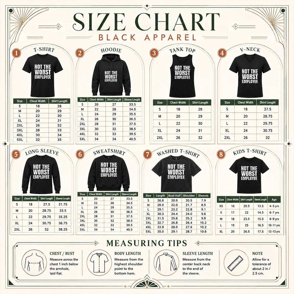 Good Distressed Not The Worst Employee Office Size Chart Size chart for Good Distressed Not The Worst Employee Office with measurements in inches and cm to help choose the right fit