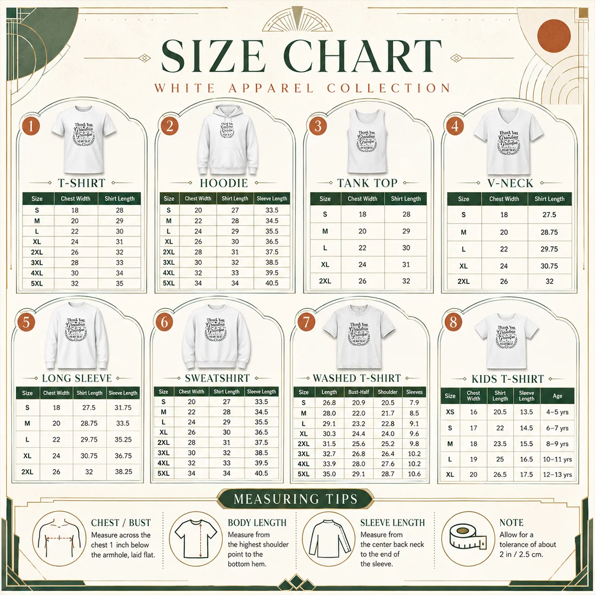 Good Grandparents Day Thank You Line Art For Family Love Size Chart Size chart for Good Grandparents Day Thank You Line Art For Family Love with measurements in inches and cm to help choose the right fit