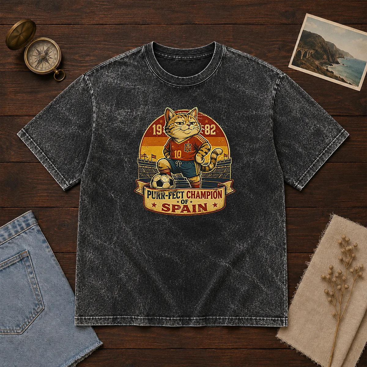 Nice Vintage Spanish Soccer Cat Meme Funny Washed T-Shirt