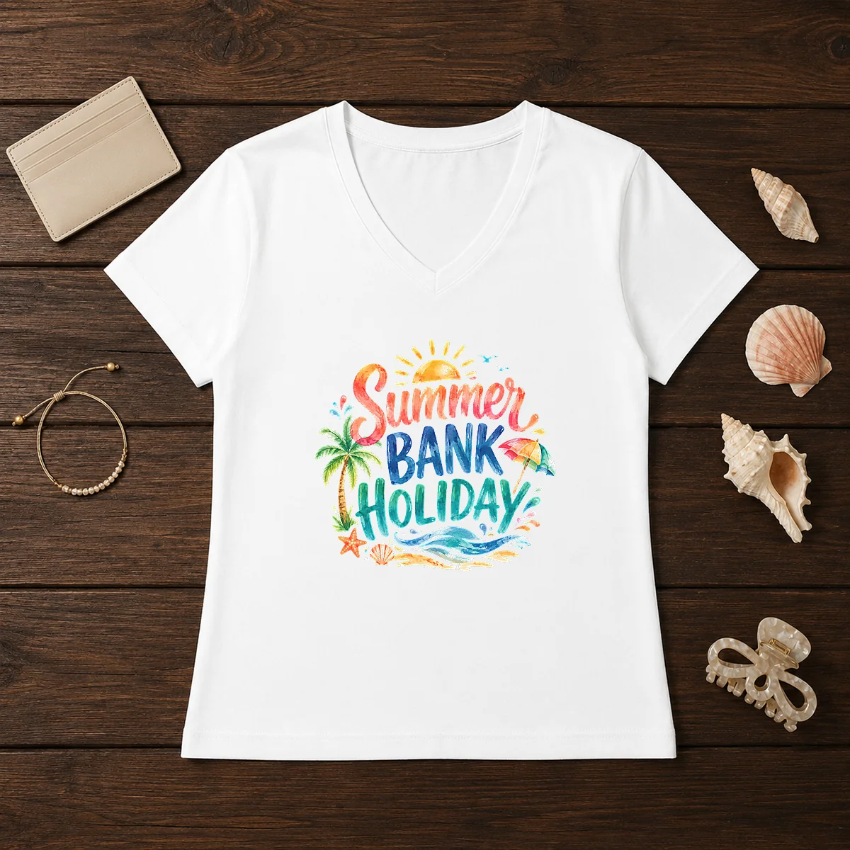 Nice Watercolor Summer Bank Holiday Beach V-Neck Shirt Nice Watercolor Summer Bank Holiday Beach V-Neck Shirt