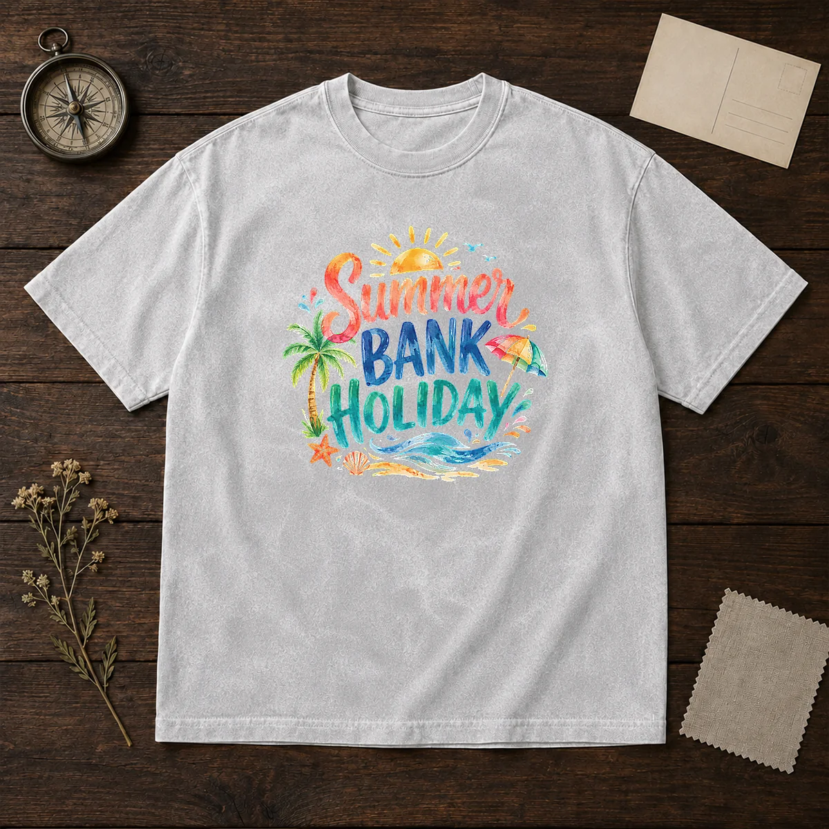 Nice Watercolor Summer Bank Holiday Beach Palm Starfish Washed T-Shirt