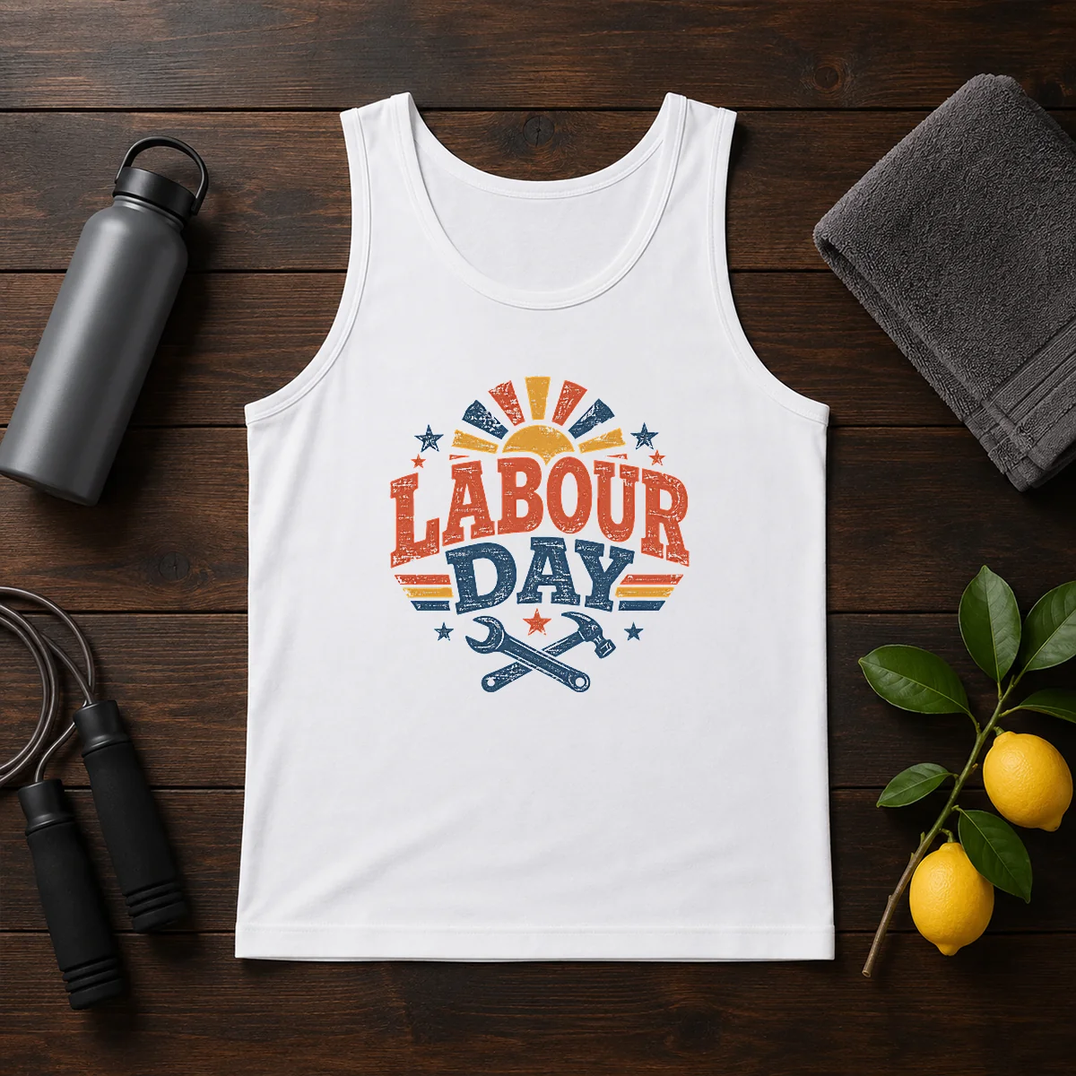 Official Vintage Retro Labour Day Sunburst Tools Tank Top