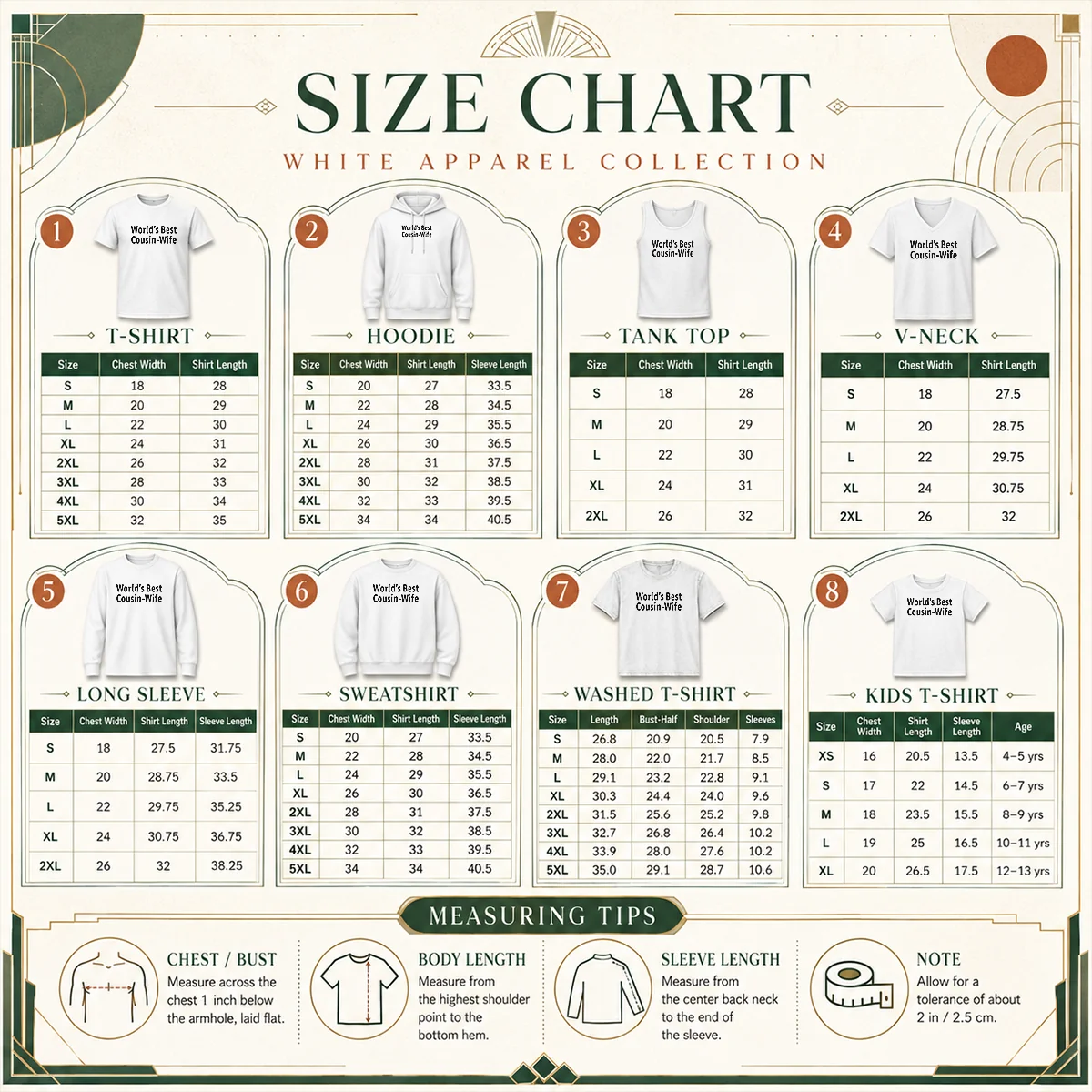 Original World'S Best Cousin Wife Wife Size Chart Size chart for Original World'S Best Cousin Wife Wife with measurements in inches and cm to help choose the right fit