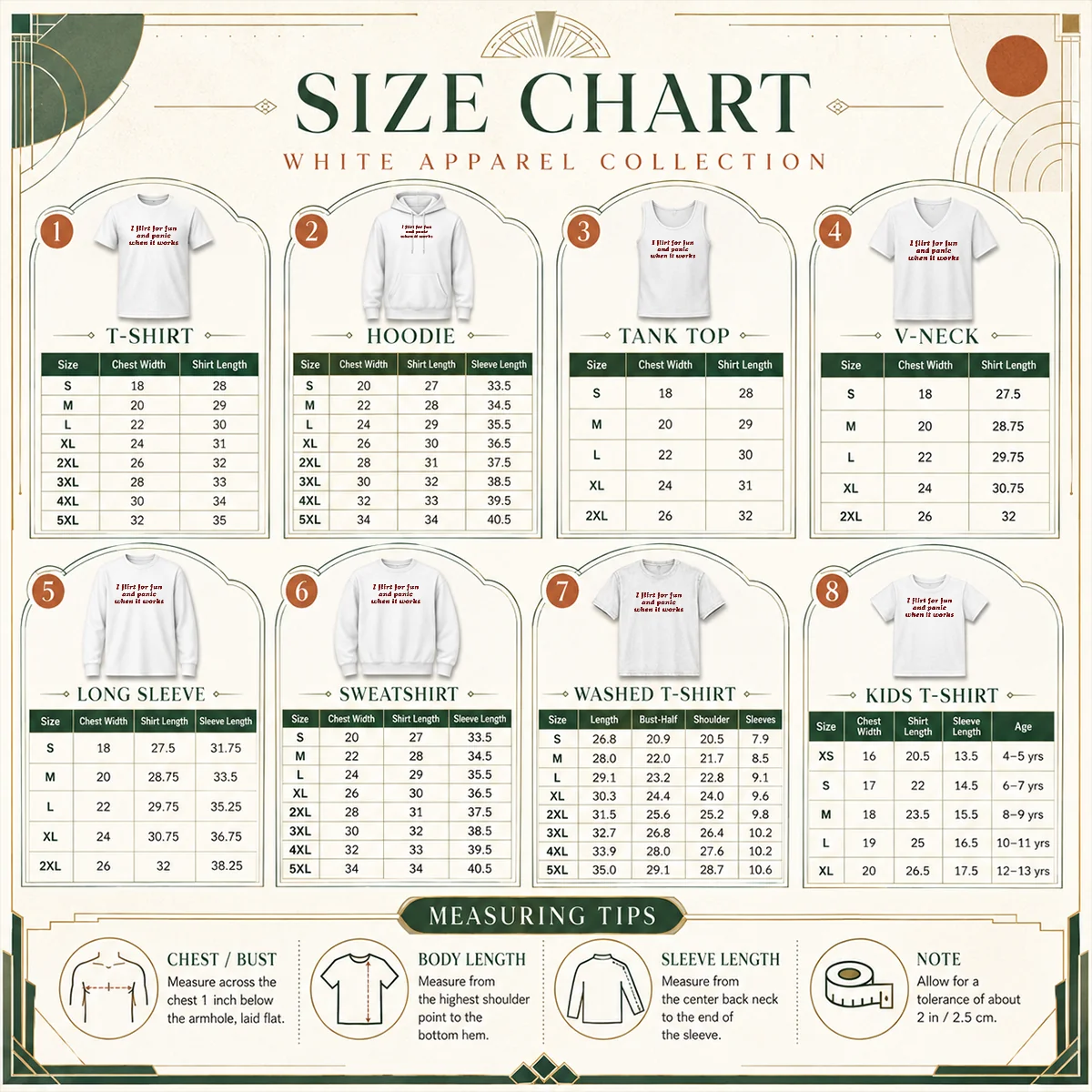 Pretty I Flirt For Fun And Panic When It Works Funny Sarcastic Joke Slogan Size Chart Size chart for Pretty I Flirt For Fun And Panic When It Works Funny Sarcastic Joke Slogan with measurements in inches and cm to help choose the right fit